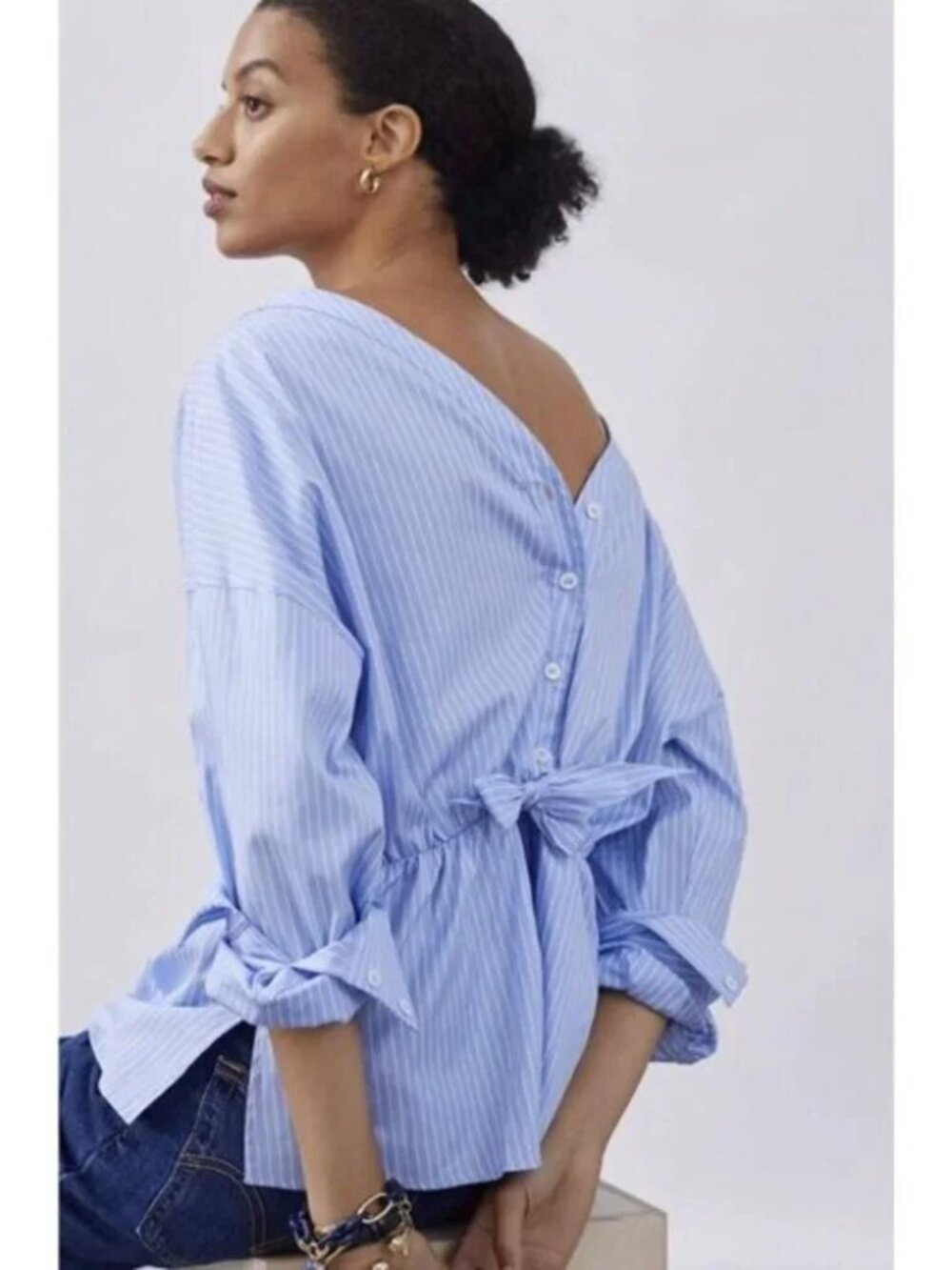 Anthropologie Harshman Button-Back Blouse Striped Blue Motif